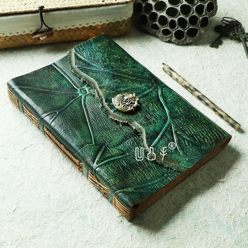 A5活页手工 真皮笔记本 荷叶高档头层牛皮日记本 鱼铜扣原创手帐