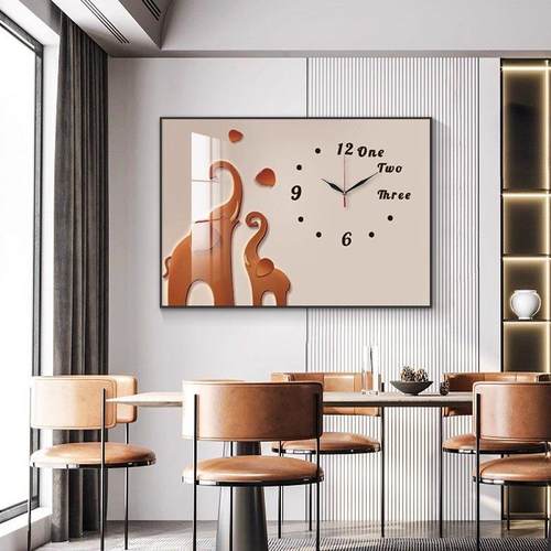 吉祥如意餐厅装饰画现代简约抽象带钟表挂画大象轻奢餐桌背景墙画