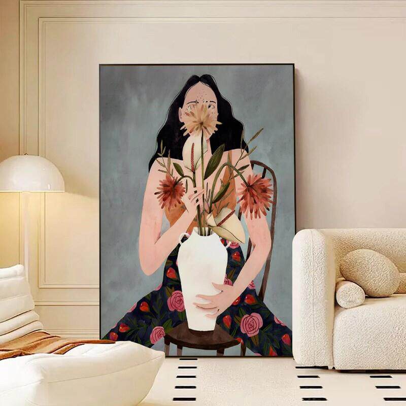 落地过道艺术捧背景墙简约花装饰画客厅玄关墙现代沙发挂画少女画