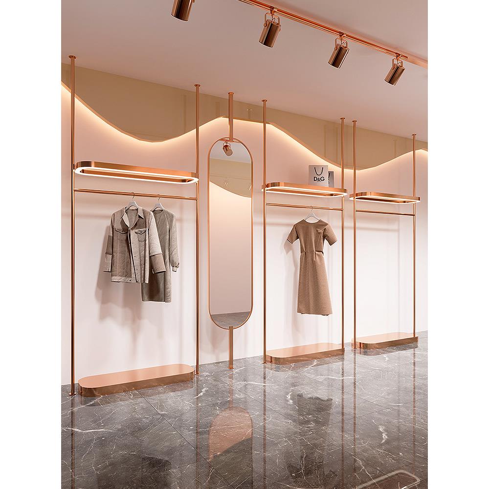 服装店展示架不锈钢玫瑰金立柱上墙壁挂女装店挂衣服架子陈列货架