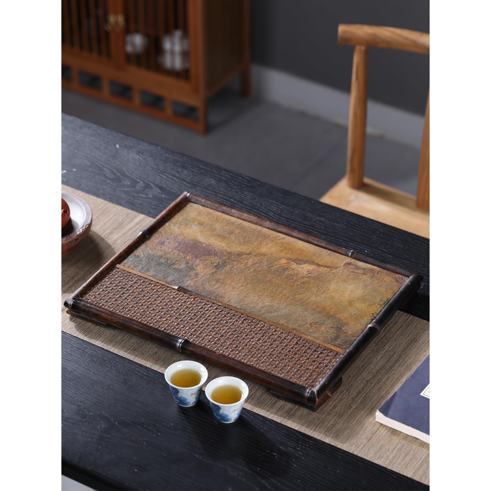 天然岩石茶盘紫竹崖石茶台手工竹编干泡盘藤编壶承茶托茶具收纳盘