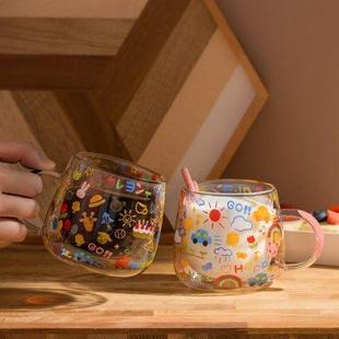 cybil软萌双层玻璃杯耐热花茶杯带杯把家用办公隔热咖啡杯早餐杯