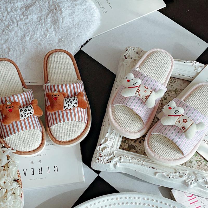 日式可爱猫咪夏天新款亚麻拖鞋女室内家用春秋四季防滑情侣居家鞋
