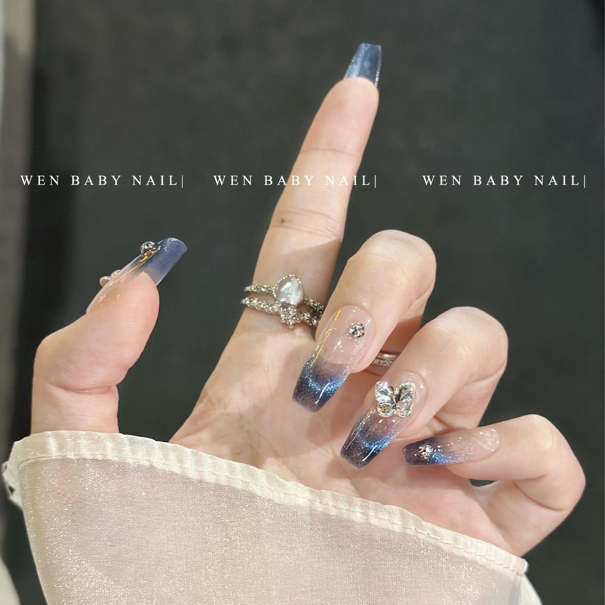 【温Baby】冰封蓝曜~猫眼晶石美甲法式蝴蝶爆闪气质手工穿戴甲片
