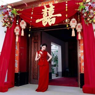农村结婚庭院子布幔装饰结婚布置自建房大门口婚礼门庭布置装饰