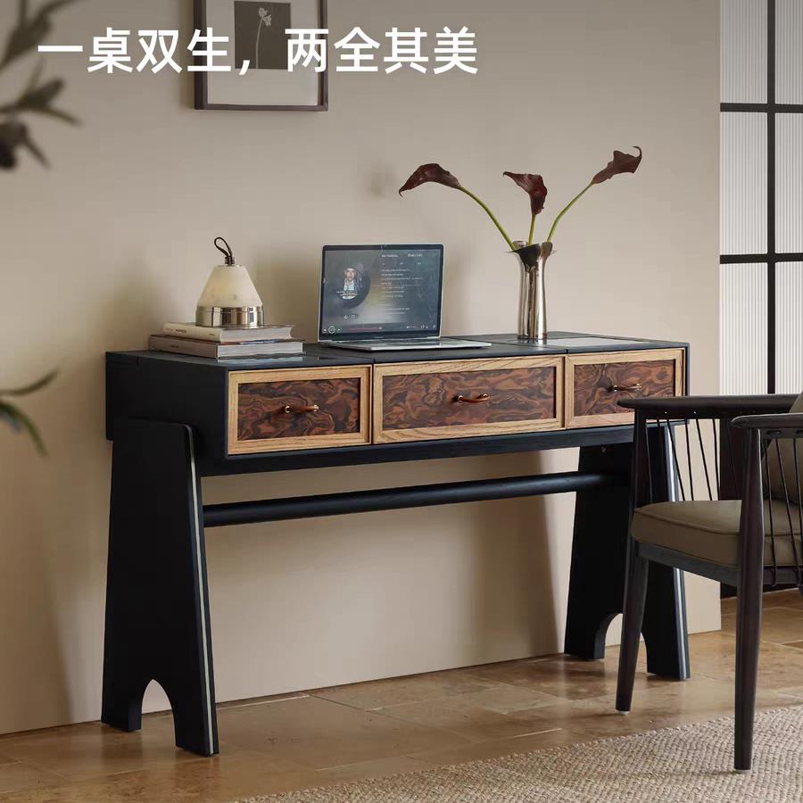 现代简约化妆台一体翻盖化妆镜红橡木卧室小户型实木床头化妆台
