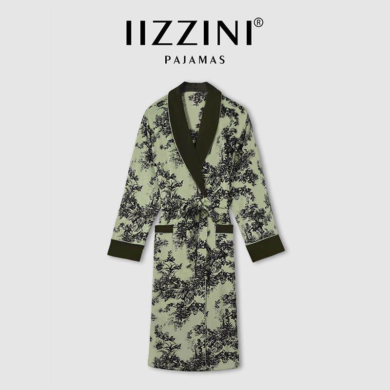 IIZZINI 睡袍女冬季长袖薄绒珊瑚绒国风余容花中长款奢华浴袍