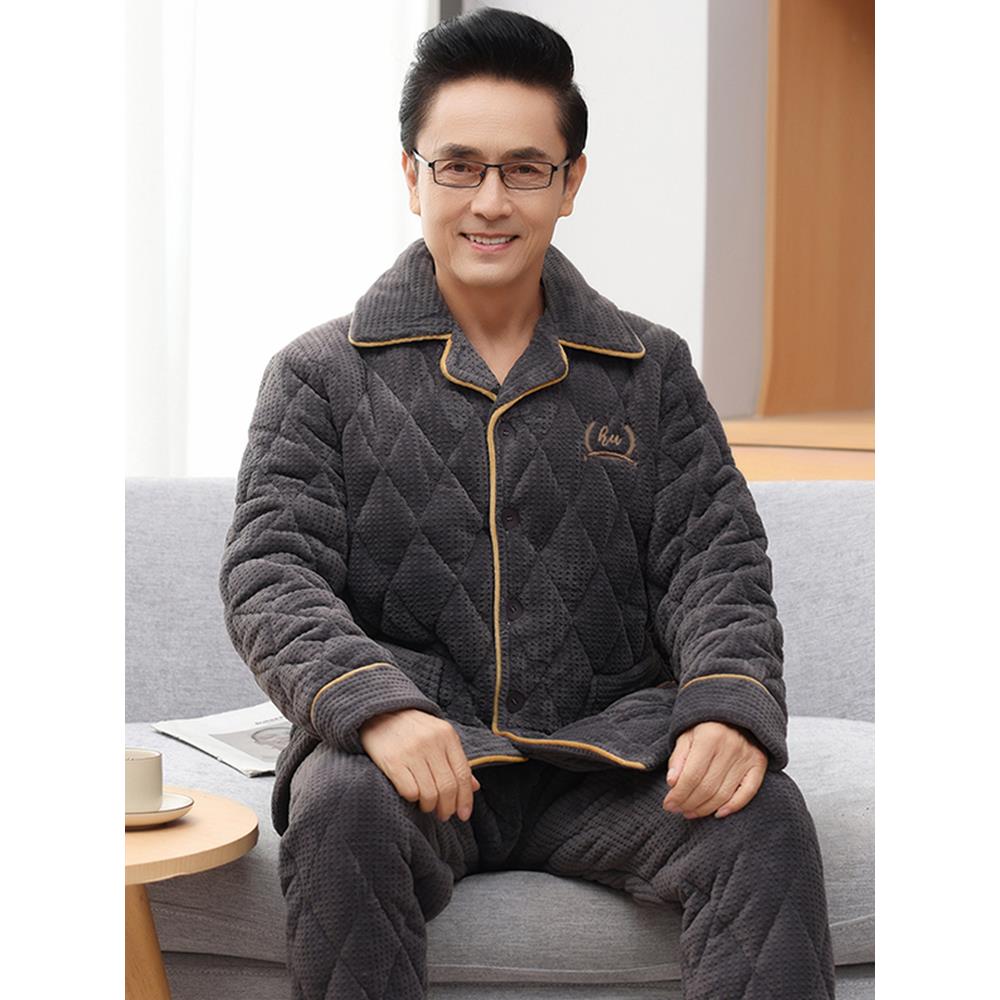 秋冬季睡衣三层加厚珊瑚绒夹棉袄中老年爸爸家居服男士可外穿套装