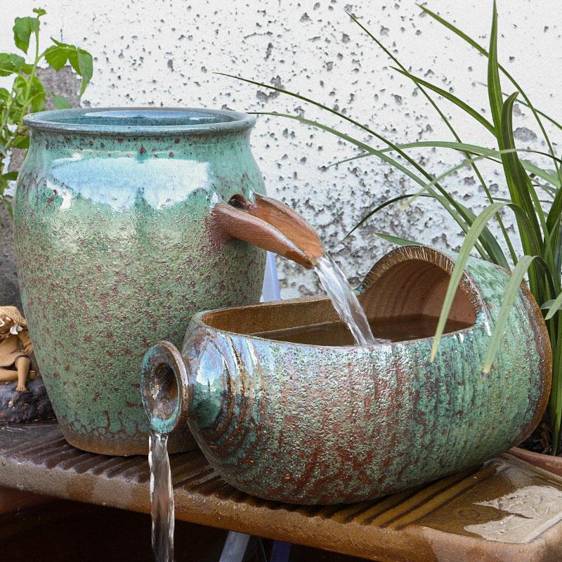 覆古流水陶罐摆件循环水古法鱼缸鱼池造景全套生态瀑布过滤器养鱼