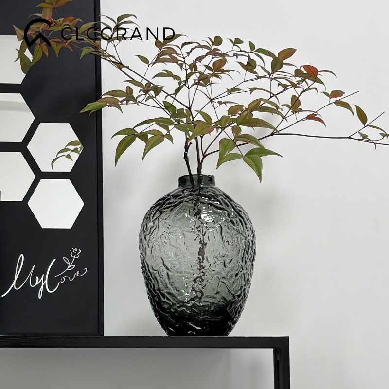 花瓶轻奢高级感桌面摆件客厅冰川纹玻璃透明插花水养W鲜花马醉木