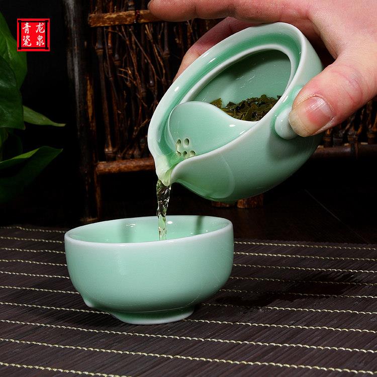 龙泉青瓷快客杯一壶一杯哥窑冰裂开片个人便携旅行功夫茶具套装陶