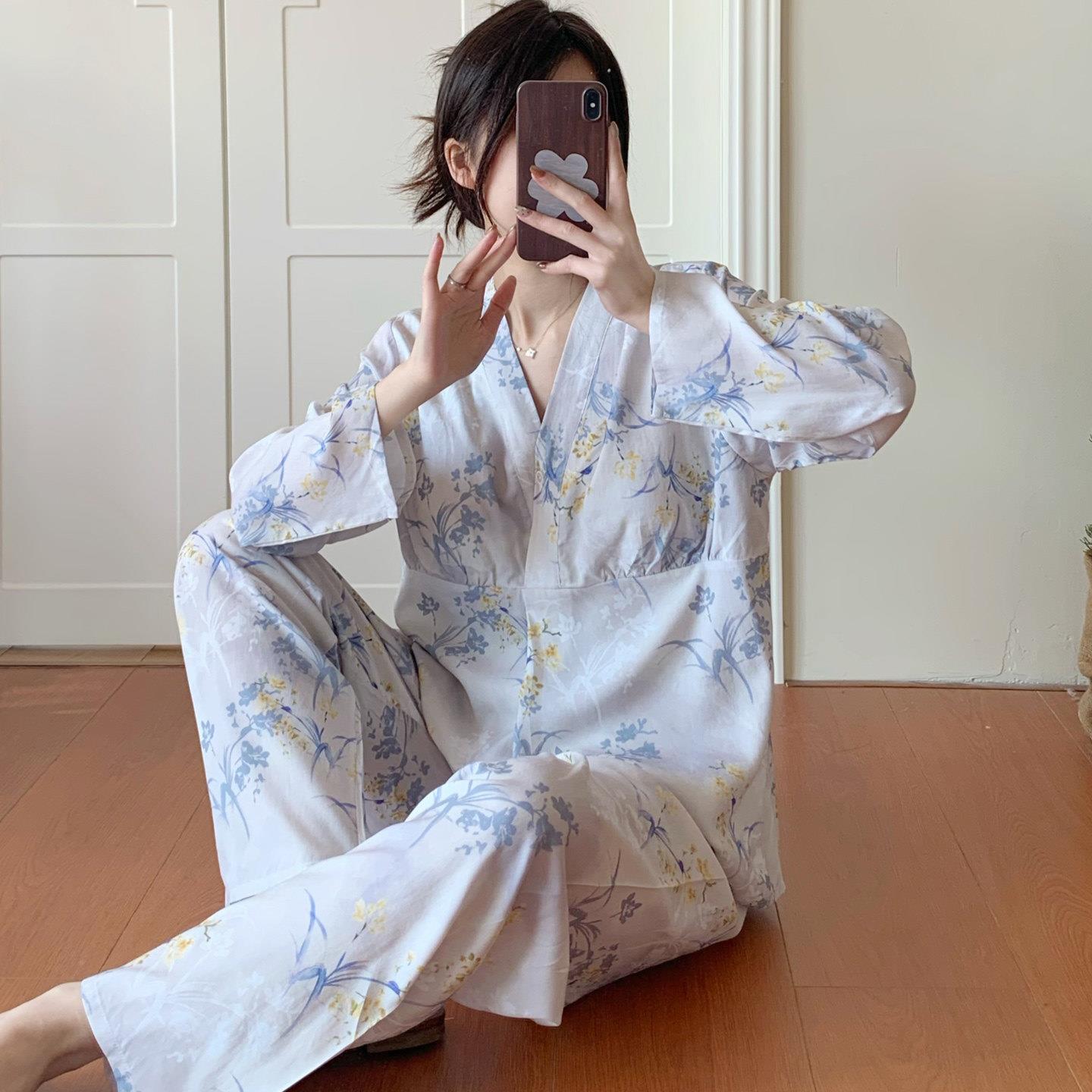 带胸垫棉绸睡衣女款2026新款春秋薄款夏季绵绸年轻人造棉和服套装