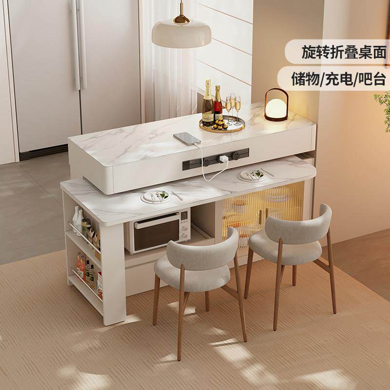 岛台餐桌一体家用可伸缩旋转岩板吧台桌开放式厨房中岛台餐桌定制图片