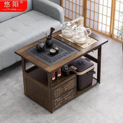 悠阳移动茶桌茶台家用非实木小茶车客厅茶几沙发边几柜茶具盘烧水