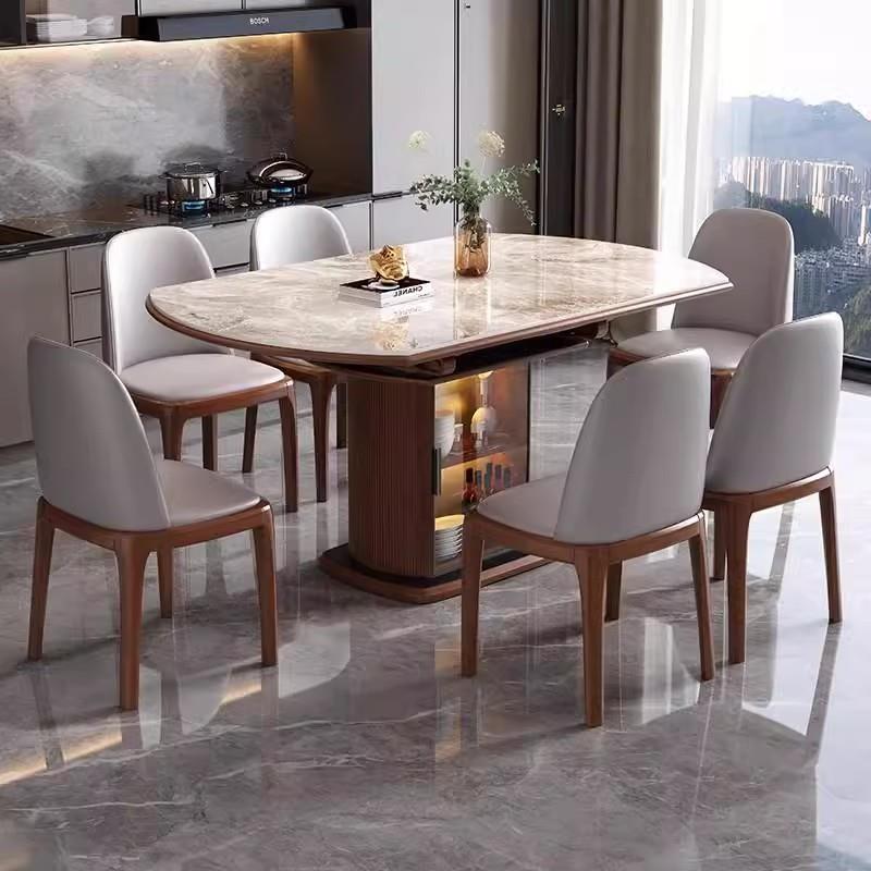 岩板餐桌轻奢现代简约家用实木小户型储物方圆两用可伸缩折叠饭桌