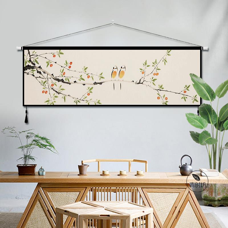 新中式古风装饰画布艺挂画客厅沙发挂毯床头挂布背景布中堂画墙画图片