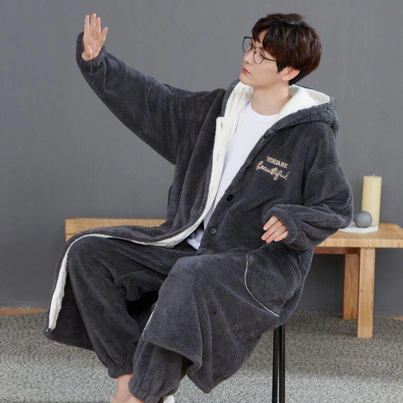 揭阳长睡袍披风男秋冬季男士冬款珊瑚绒浴袍式睡衣长袍纯色大学生