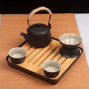 复古黑陶日式 粗陶茶具 茶具简约小套装 陶瓷1茶壶2杯干泡茶盘便携式
