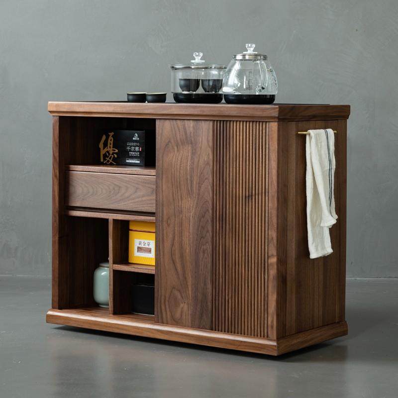 北美黑胡桃木茶水柜客厅边几移动茶台家用小型实木茶几烧水壶一体