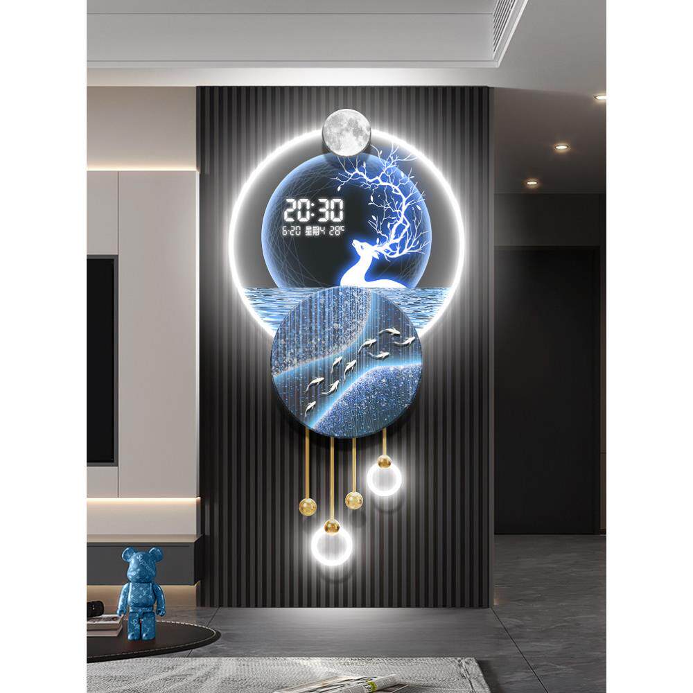 九鱼图客厅万年历格栅装饰挂件麋鹿玄关2025新款电子时钟带灯壁画