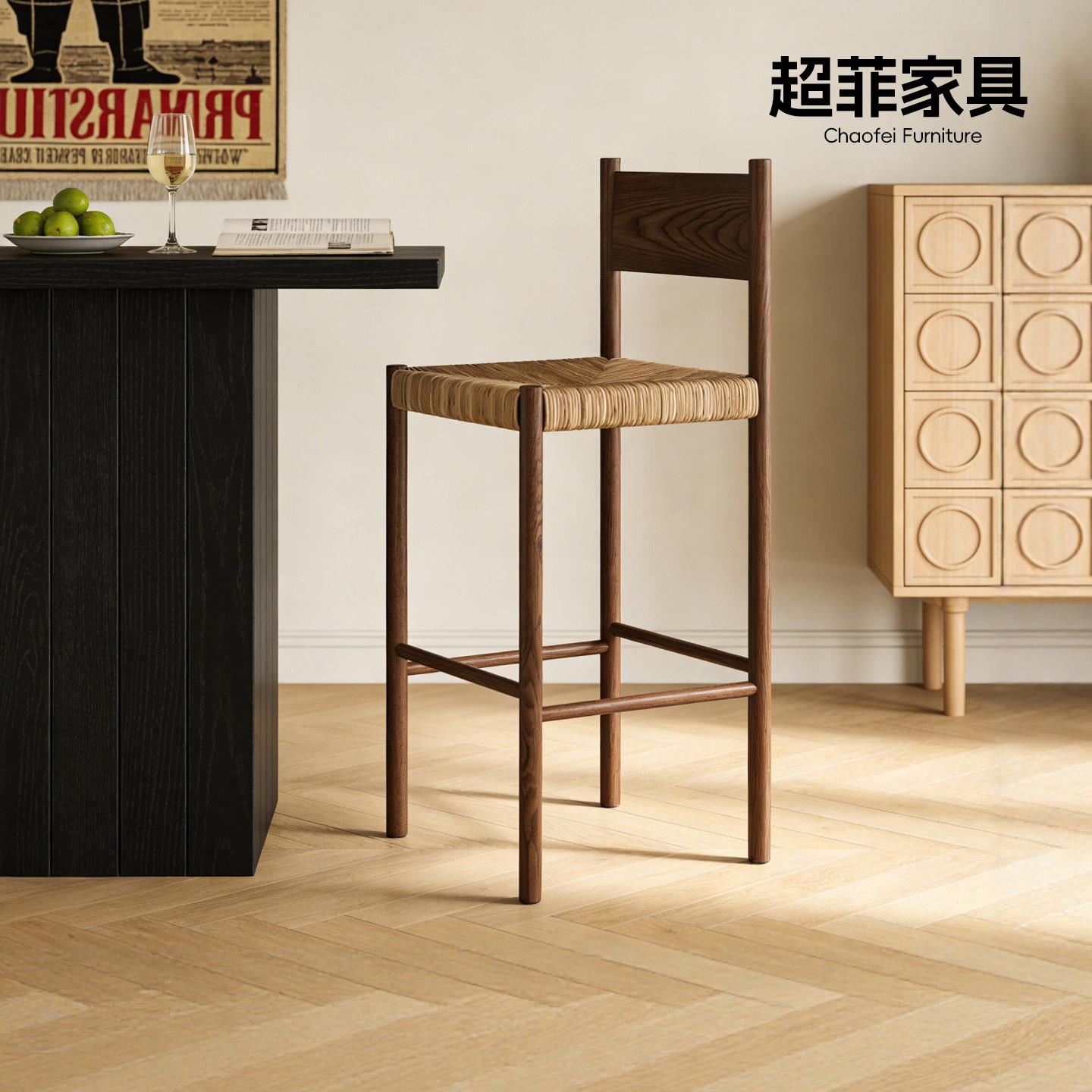 超菲法式中古家用吧台椅复古藤编岛台高脚凳侘寂新款实木前台吧椅