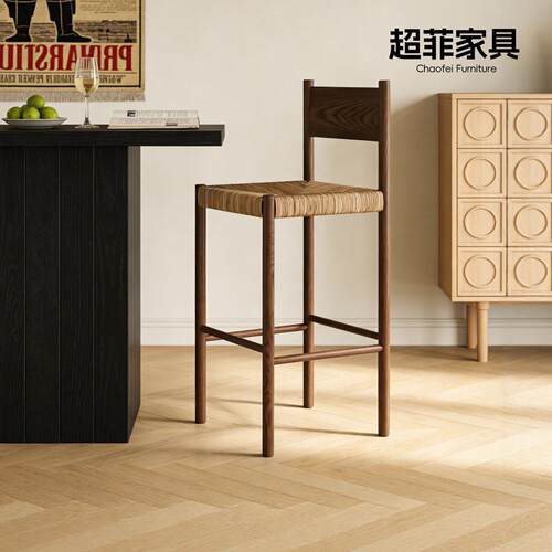 超菲法式中古家用吧台椅复古藤编岛台高脚凳侘寂新款实木前台吧椅