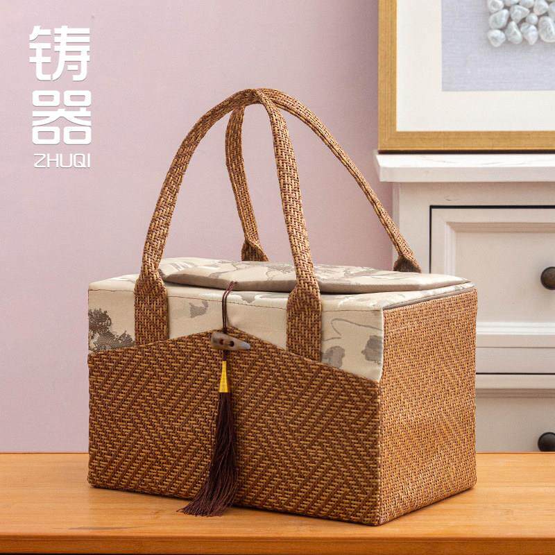 高档藤编织茶具收纳包中式复古印花托特包大容量手提包茶道零配