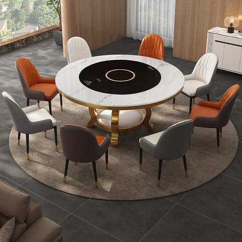 意式轻奢高端岩板餐桌椅组合内嵌电动转盘电磁炉暖菜板圆餐桌家用