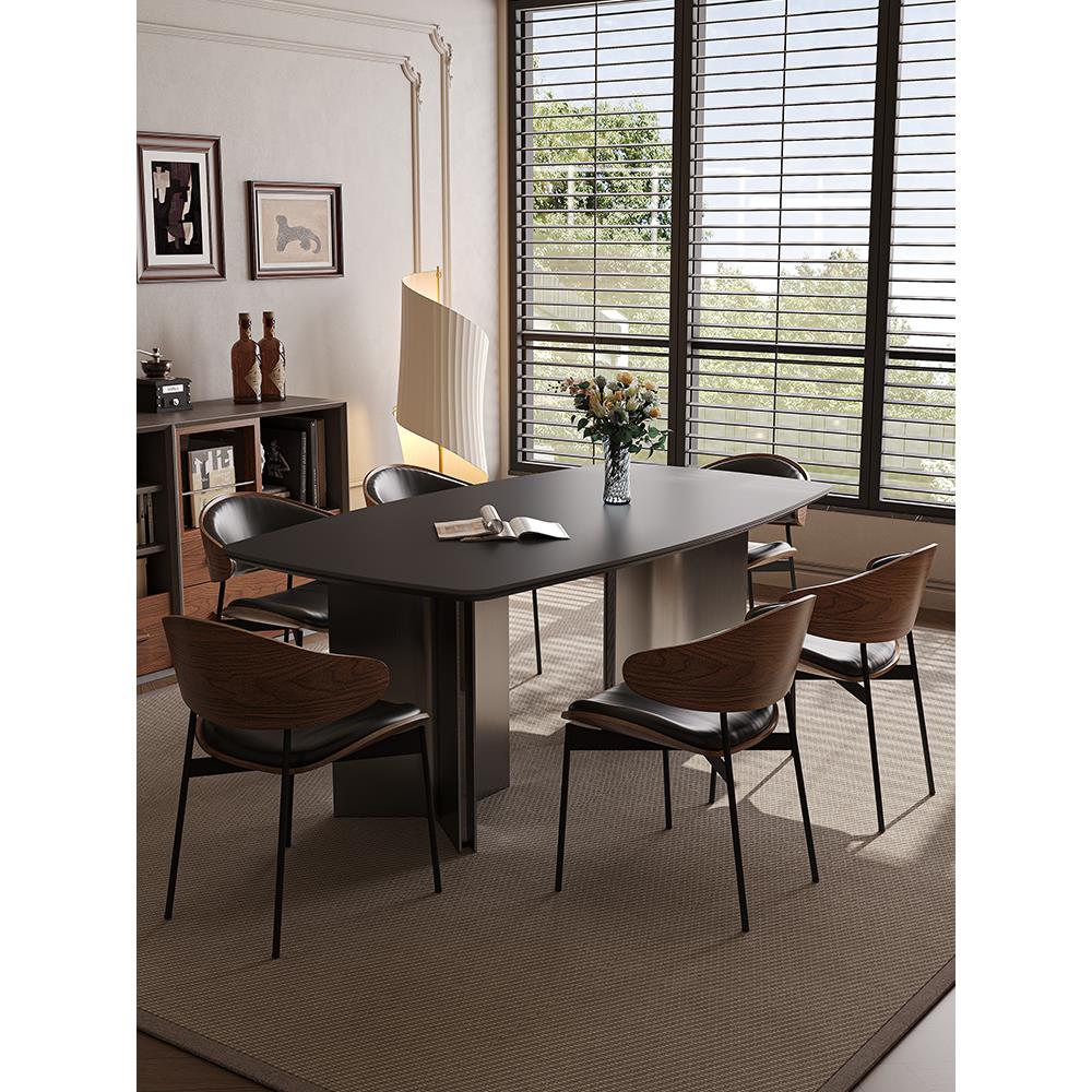 现代简约岩板餐桌椅子组合家用小户型餐厅吃放桌子意式极简长方形