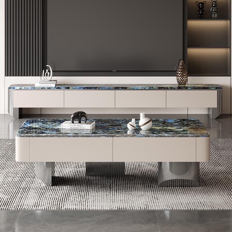 意式轻奢高端大理微晶石实木带抽屉别墅客厅大户型茶几电视柜组合