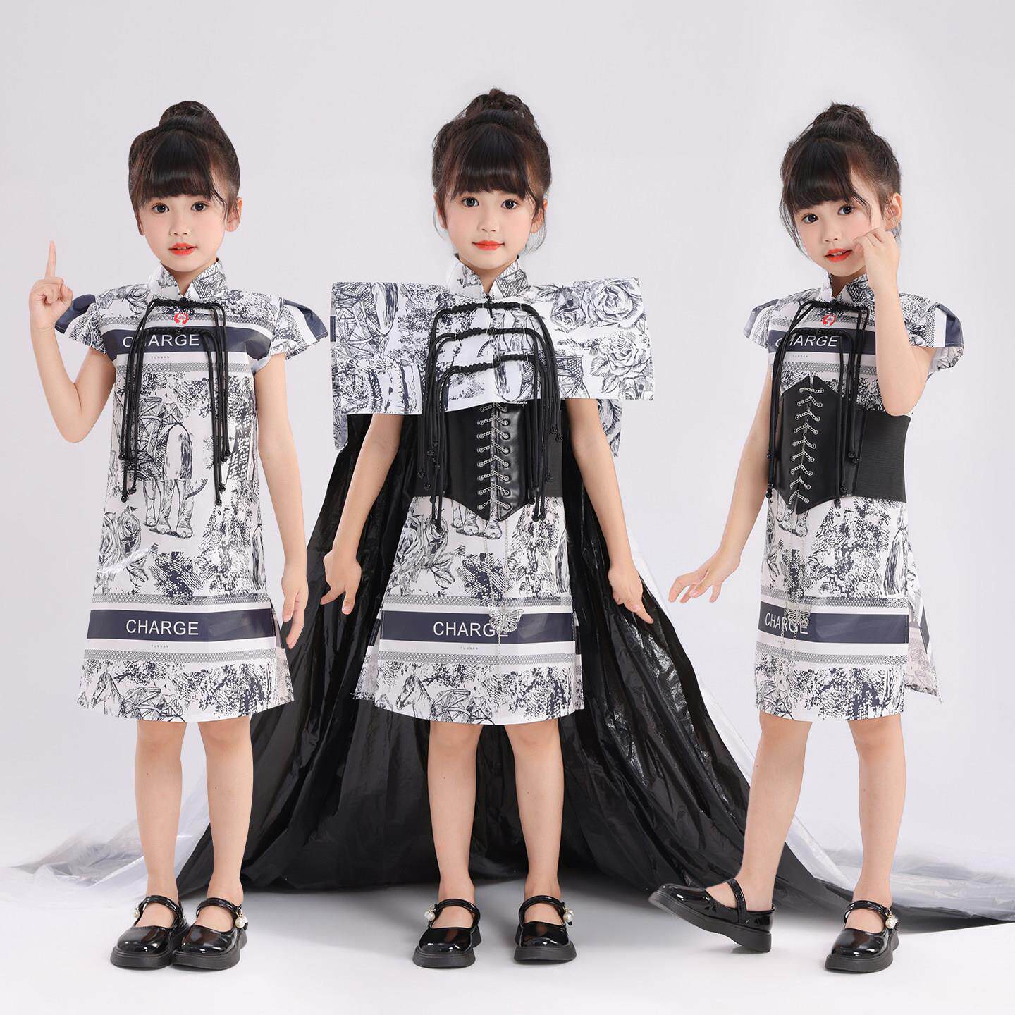 五一节儿童环保舞台走秀服亲子装霸王奶茶袋diy手工表演服男女款