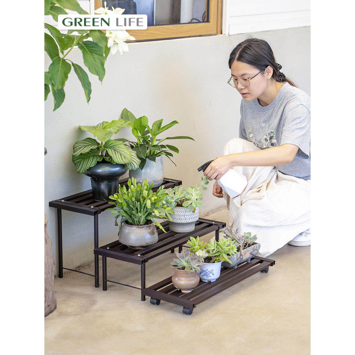室外庭院绿色植物铝合金花架阳台室外台阶多肉架带轮子可移动存储