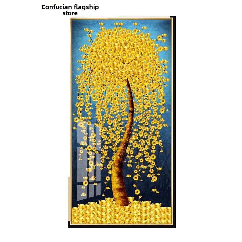 定做晶瓷画入户玄画竖版摇关钱发财树招饰财风水进门挂画走廊过道