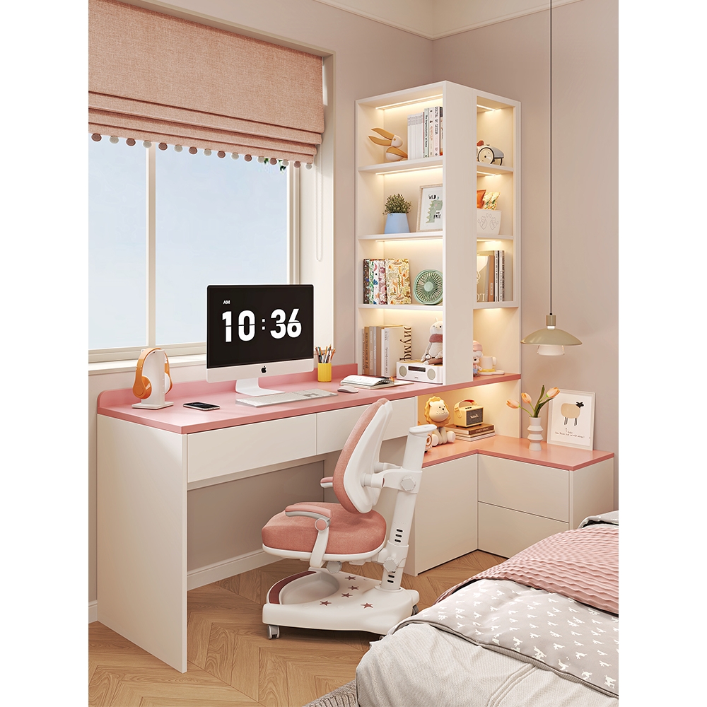 粉色公主儿童房书桌书柜一体学习桌小户型女孩卧室床头书架写字桌
