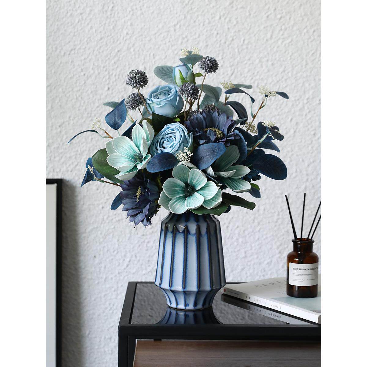 玫瑰玉兰彷真花束假花高档轻奢花艺摆件客厅餐桌花装饰品干花摆设
