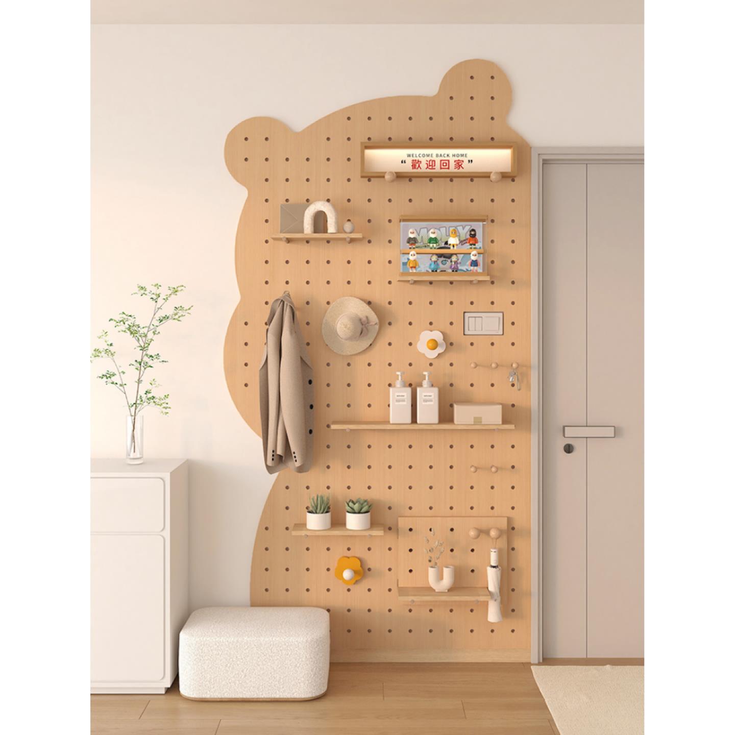 洞洞板定制熊猫小熊洞洞板入户玄关电箱遮挡门后实木洞洞板置物架