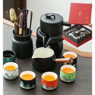 家用喝茶防烫泡茶壶茶杯石磨半自动冲茶神器 黑陶懒人功夫茶具套装