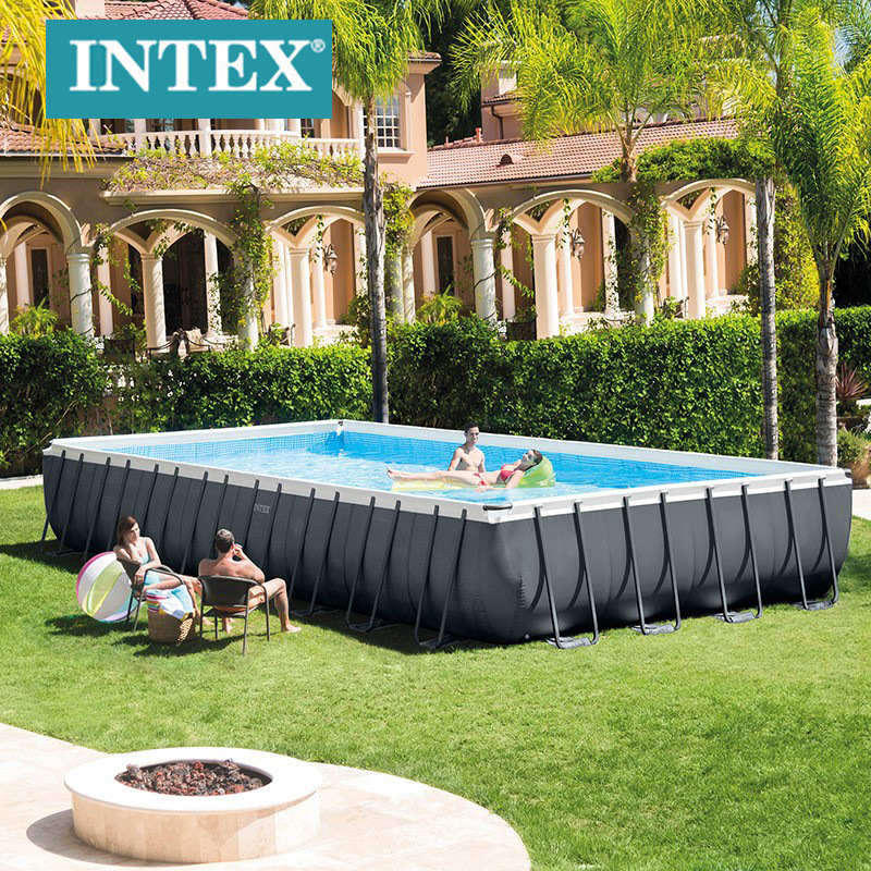 INTEX26364大型游泳池24尺深灰色长方形管架水池套装水上乐园