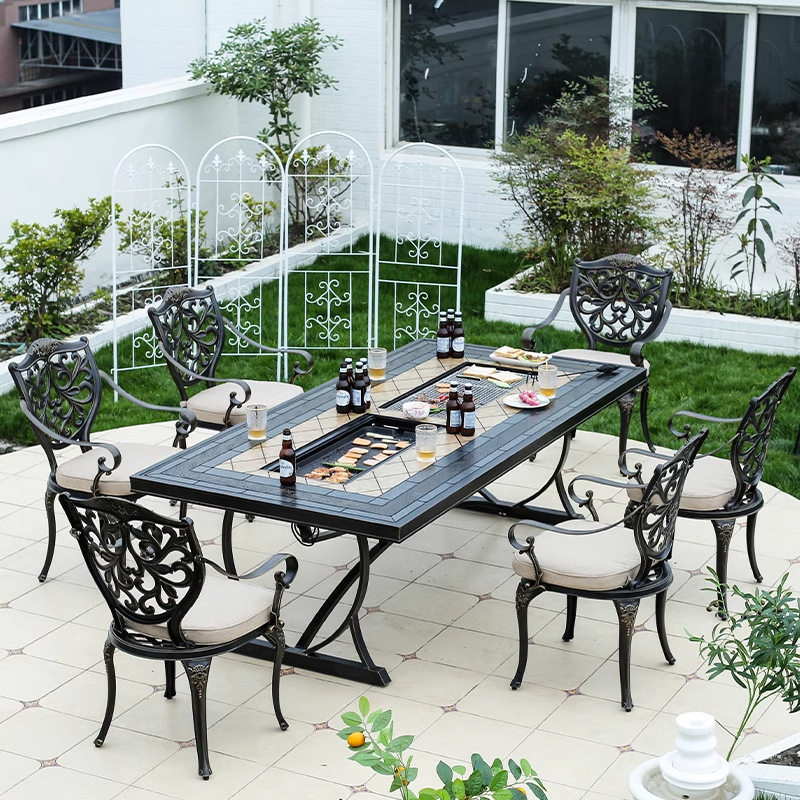 花园露天户外桌椅庭院阳台休闲铝板雕刻电烤炉烧烤桌铸铝桌椅组合,户外/登山/野营/旅行用品,烧烤炉/烤架,淘宝优惠券,粉丝福利购,淘宝优惠卷