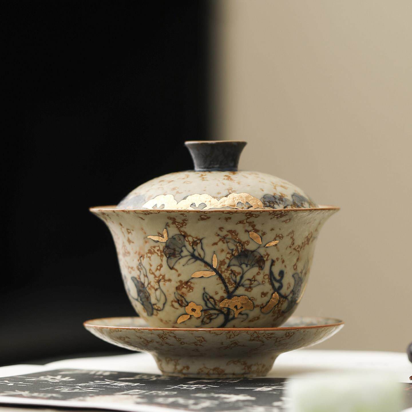 手绘陶瓷青花三才盖碗单个家用大号带盖子茶碗茶杯高档中式风带礼