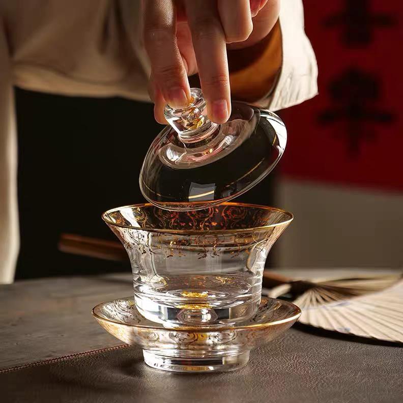 瓘玉金箔水晶三才盖碗家用加厚耐热玻璃泡茶碗高端功夫茶具礼盒