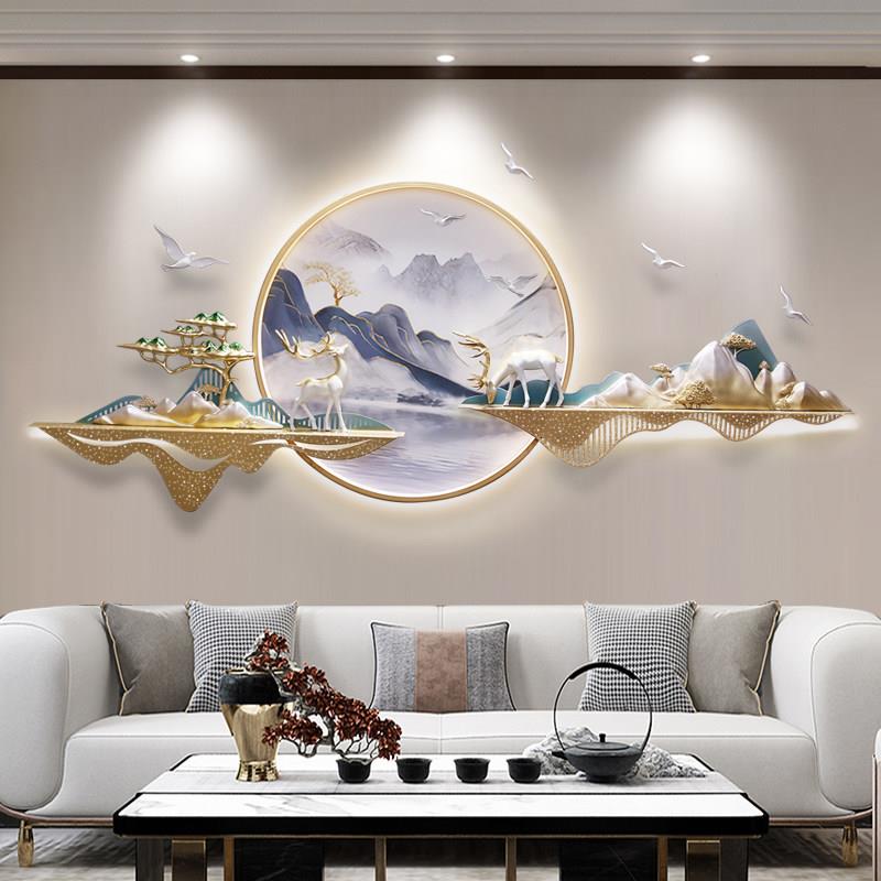 新中式客厅装饰画沙发背景墙挂画墙面装饰3d立体带灯山水床头壁画