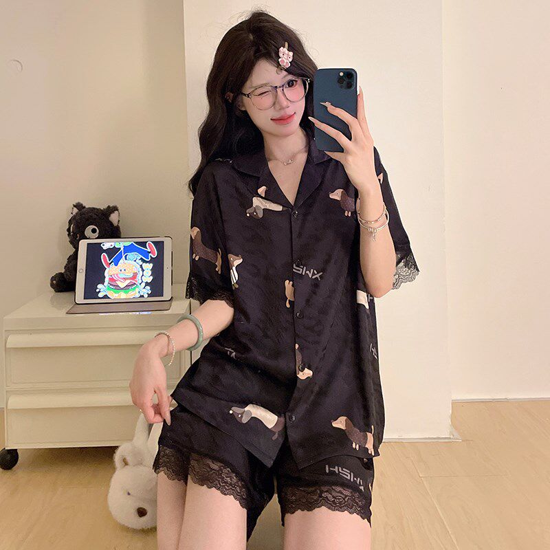 2025新款冰丝睡衣女士夏季短袖丝绸黑色蕾丝高级感家居服套装夏天