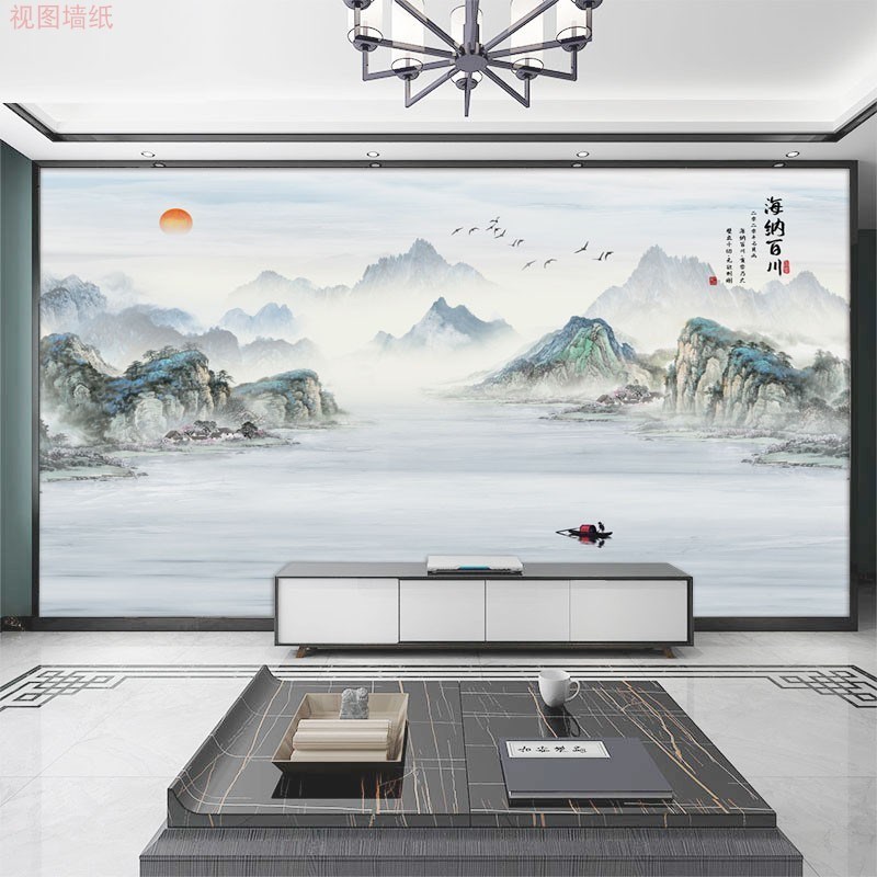 水墨山水电视背景墙壁纸新中式海纳百川客厅墙布影视墙纸自粘贴画