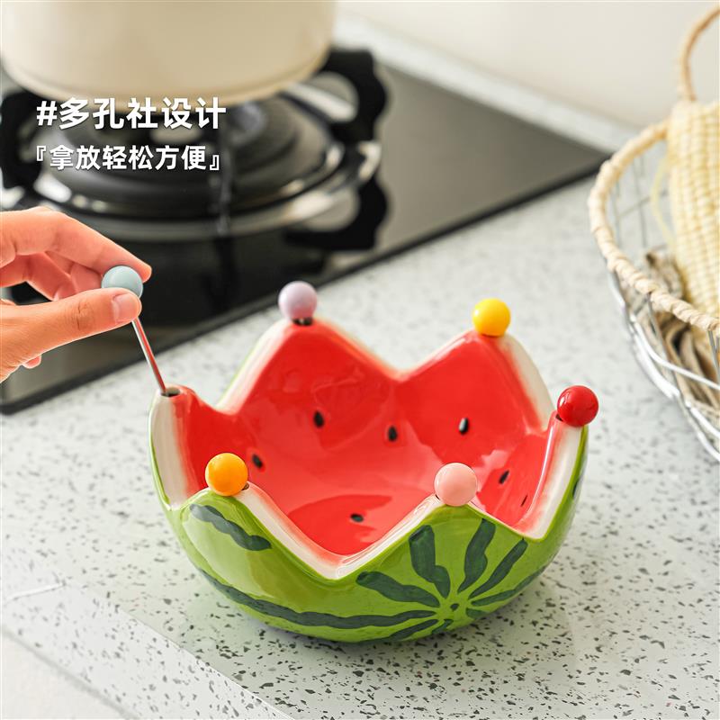 陶瓷创意西瓜水果盘带叉子家用客厅水果沙拉碗可爱不锈钢叉子套装