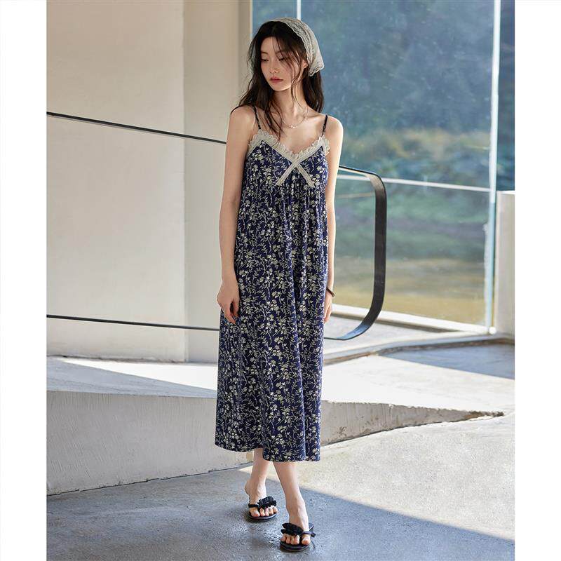 带胸垫吊带睡裙女夏季莫代尔背心薄款超长裙睡衣冰丝连衣裙家居服