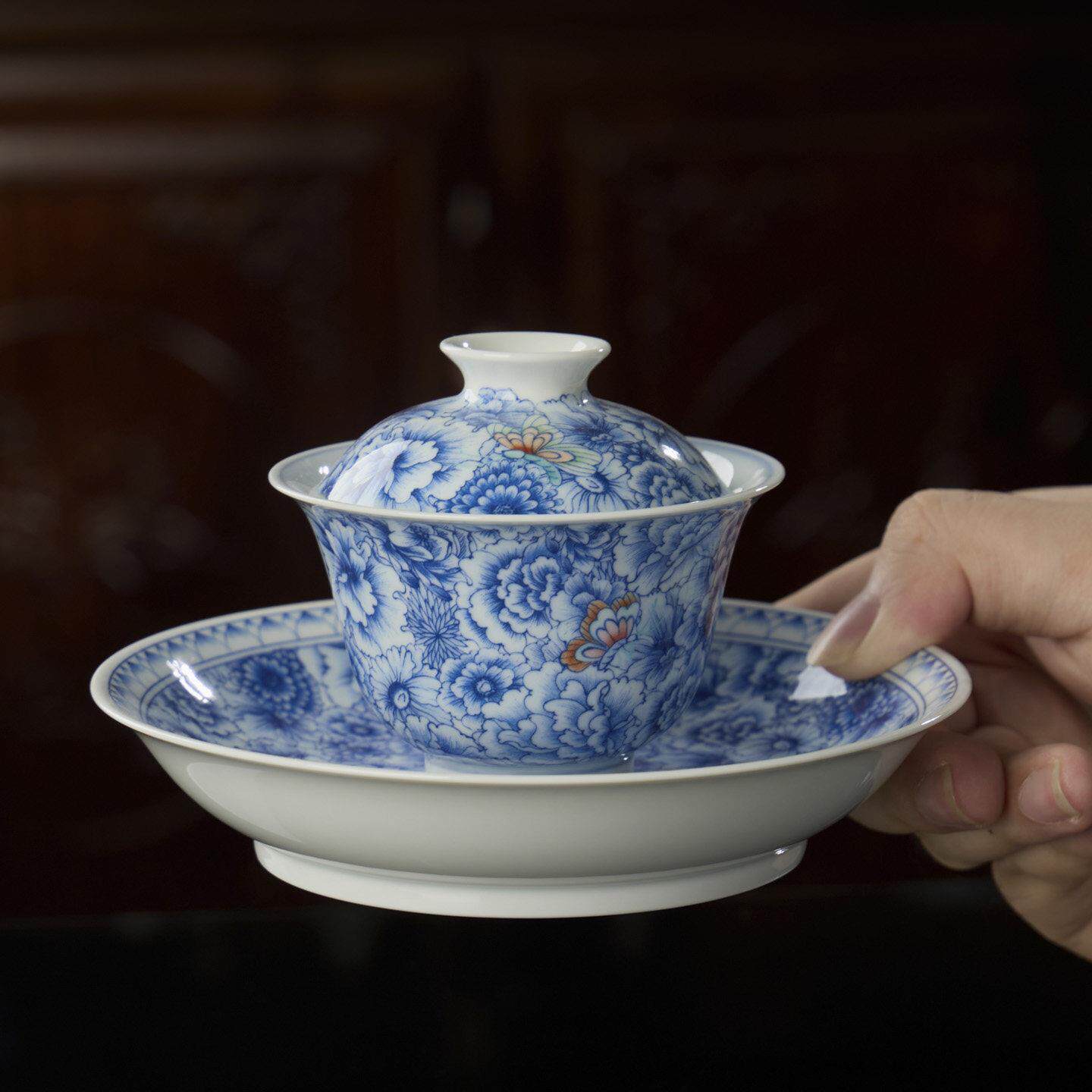 景德镇青花瓷盖碗茶杯陶瓷茶碗釉下岩茶碗盖碗茶碗青花万花