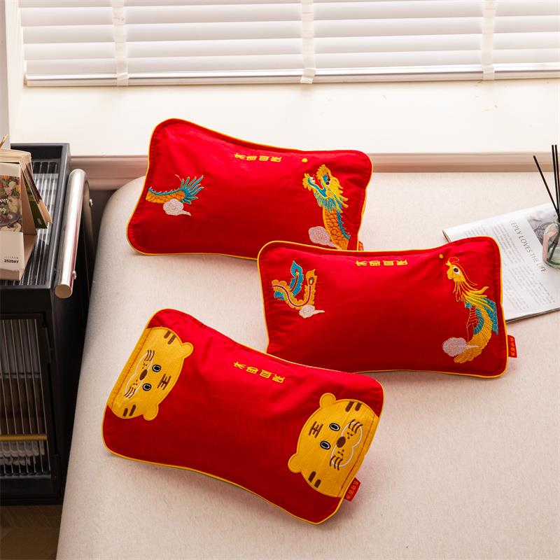 大红色周岁婴儿龙凤纯棉定型枕头儿童荞麦枕芯宝宝小老虎全棉枕套