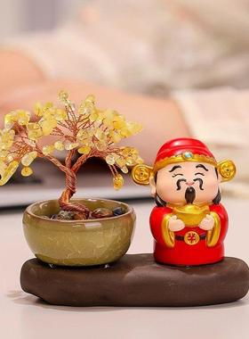 五路财神水晶钱树桌面小摆件客厅门厅古色古香氛围装饰