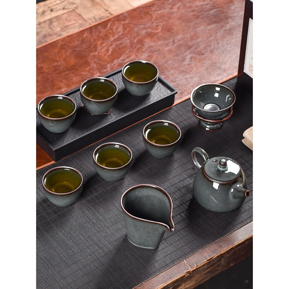 青瓷葛窑铁胎高档功夫茶具手工有盖碗铁胎冰裂茶壶茶杯家用陶瓷